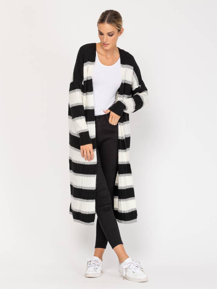 Long open knit jacket with stripes for wholesale by Tantra