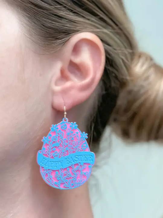 Blooming Floral 'Happy Easter' Egg Dangle Earrings for wholesale by Prep Obsessed Wholesale