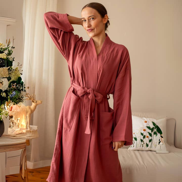 Luxury 2 Layer Muslin Bathrobe, Natural Cotton Spa Comfort for wholesale by Vivamaison