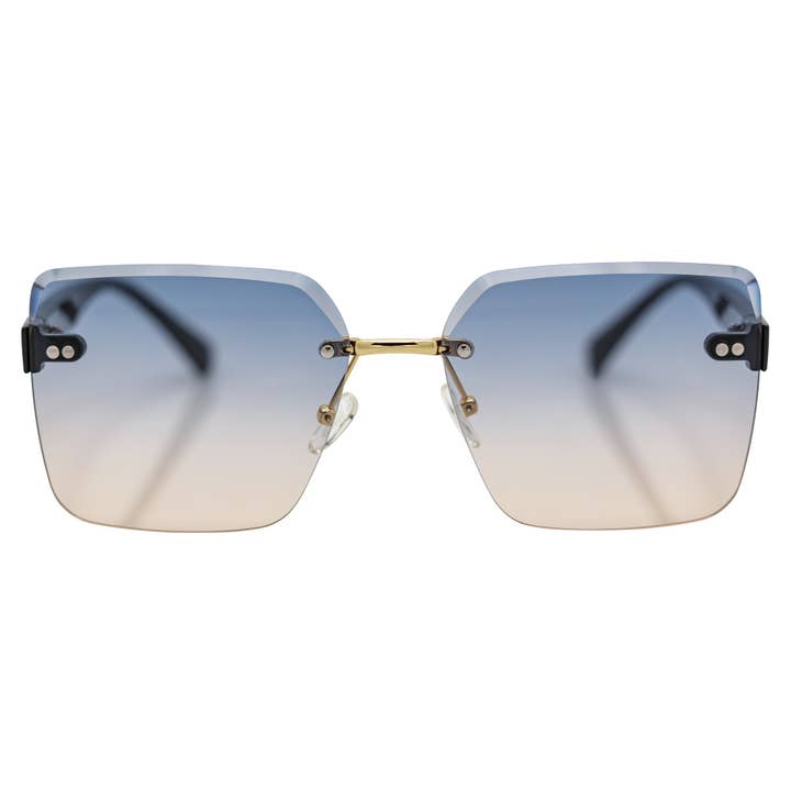 CASCADE - Rimless Oversize Square Sunglasses Black-Gold Blue-Tan Lens for wholesale by Morspecs