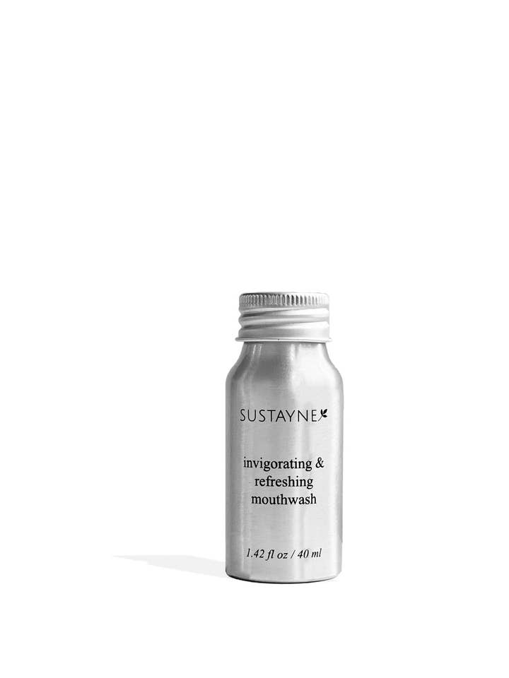 40 ml alkoholfreies Mundwasser in recycelbarer Aluminiumflasche für den Großhandel von Sustayne