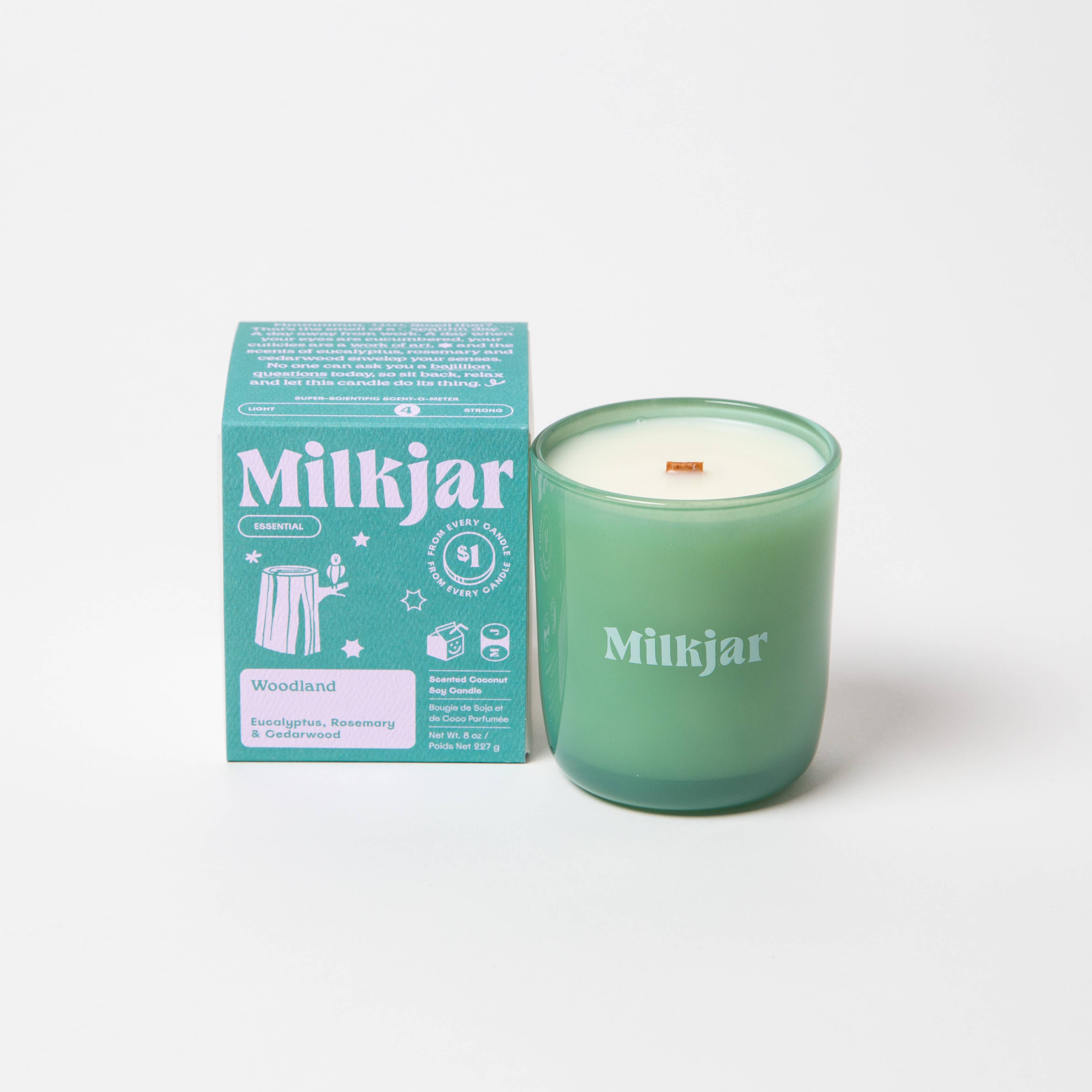 Milk Jar Candle Co. - Vente Bougie en bocal - Woodland - Bougie à la cire de soja et huile essentielle de noix de coco 8 oz