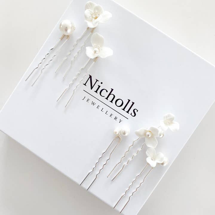 Nicholls Jewellery - Wholesale Hair Pin - Porcelain Flower and Pearl 6 pin set