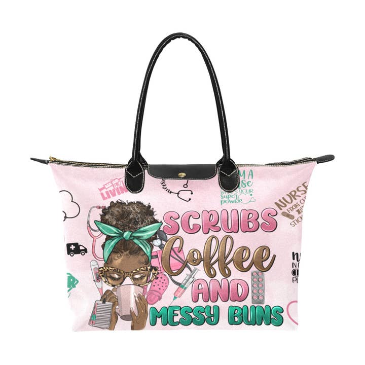 Deerora Creations - Vendita all'ingrosso Borsa tote - Donna - Borsa a tema infermiera: design Scrubs, Coffee e Messy Buns