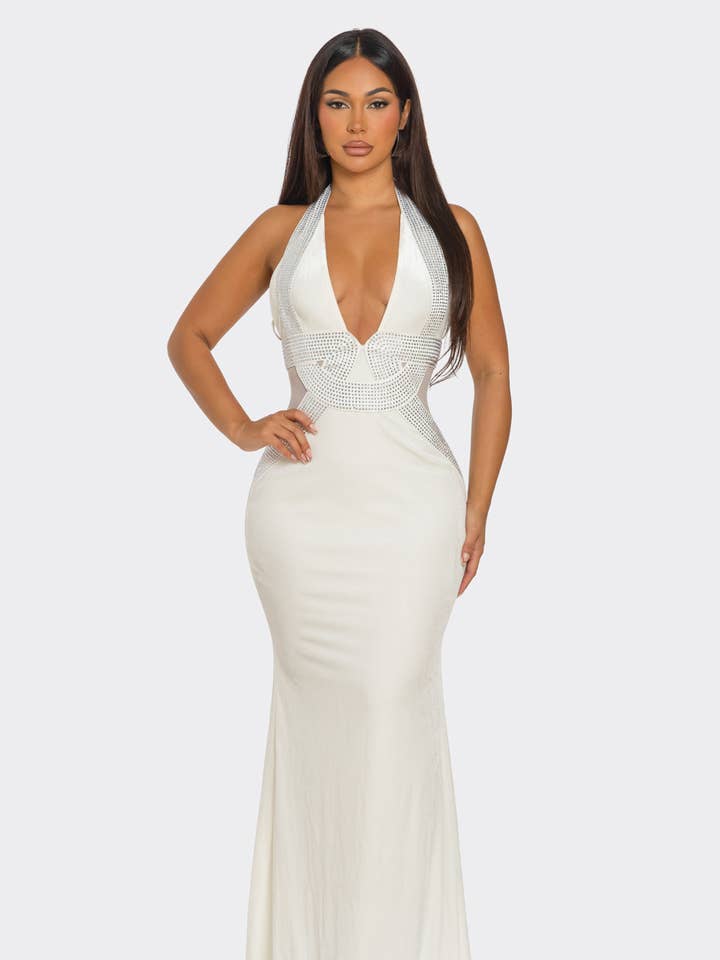 BDS63328 &RHINESTONE EMBELLISHED V SHAPED MAXI DRESS for wholesale by BANJUL