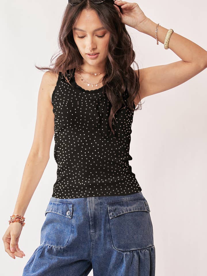 RHINESTONE LACE TRIM BRUSHED FABRIC TANK TOP for wholesale by Davi & Dani