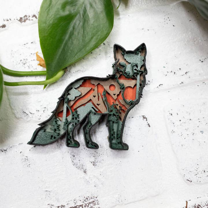 Laser Cut Fox, Animal 3D Diorama, Handmade Forest Scene, Wall Art, Fox Animal Decor for wholesale by The McGarvey Workshop