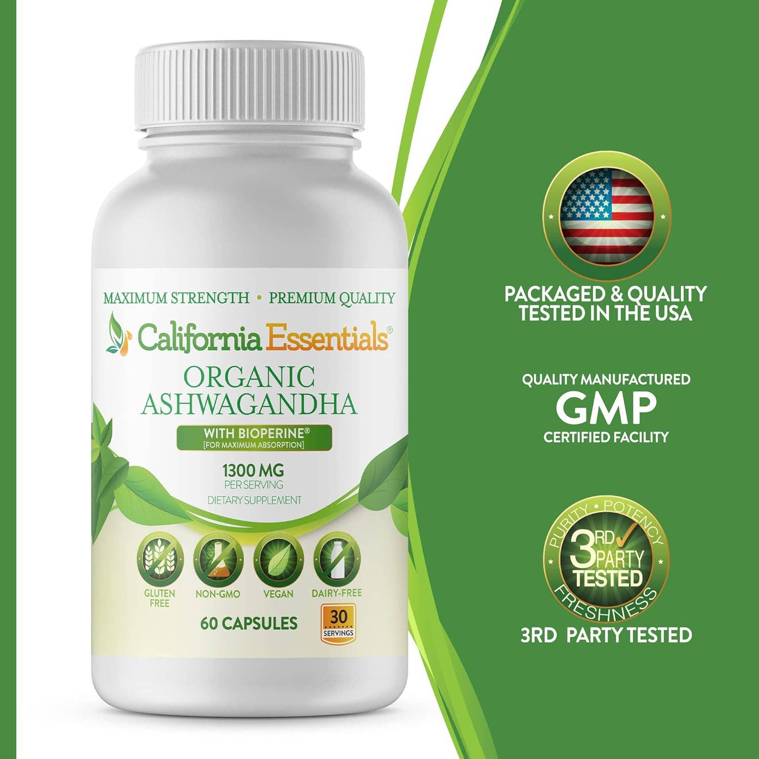 California Essentials - Vendita all'ingrosso Vitamine/integratori orali - Integratore di Ashwagandha Biologica (1300 mg) - Polvere di Radice4