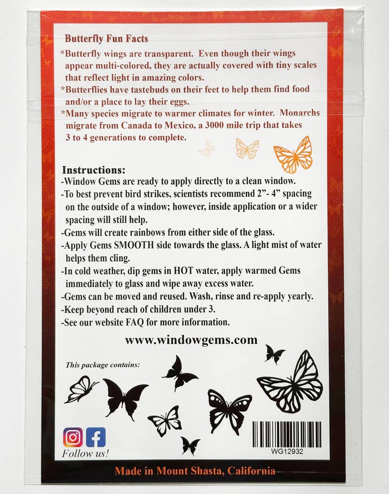 Window Gems - Wholesale Suncatcher - Butterfly Window Clings - prismatic decals - protect birds5