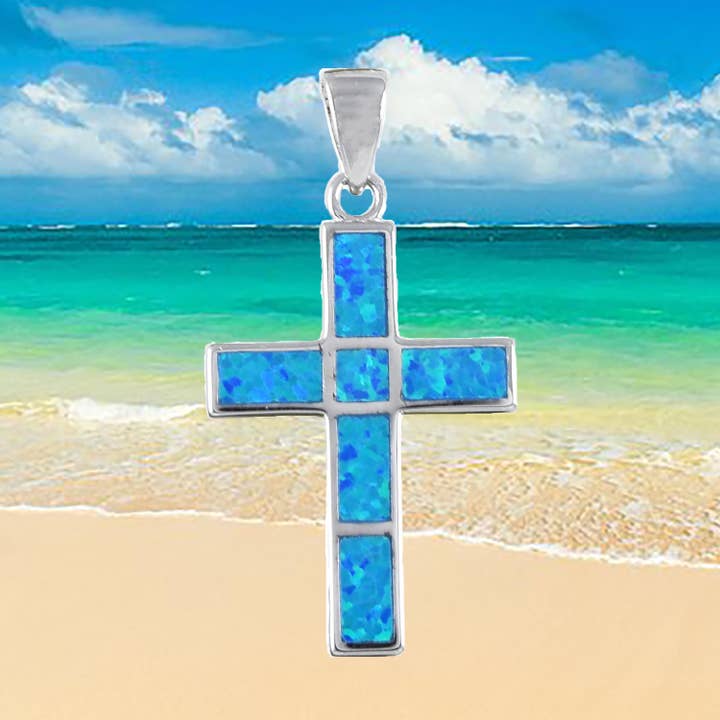 Hawaiian Blue Opal Cross Pendant, Sterling Silver Blue Opal Inlay Cross Pendant, Christmas Anniversary Birthday Gift for wholesale by Paradise Treasures Jewelry