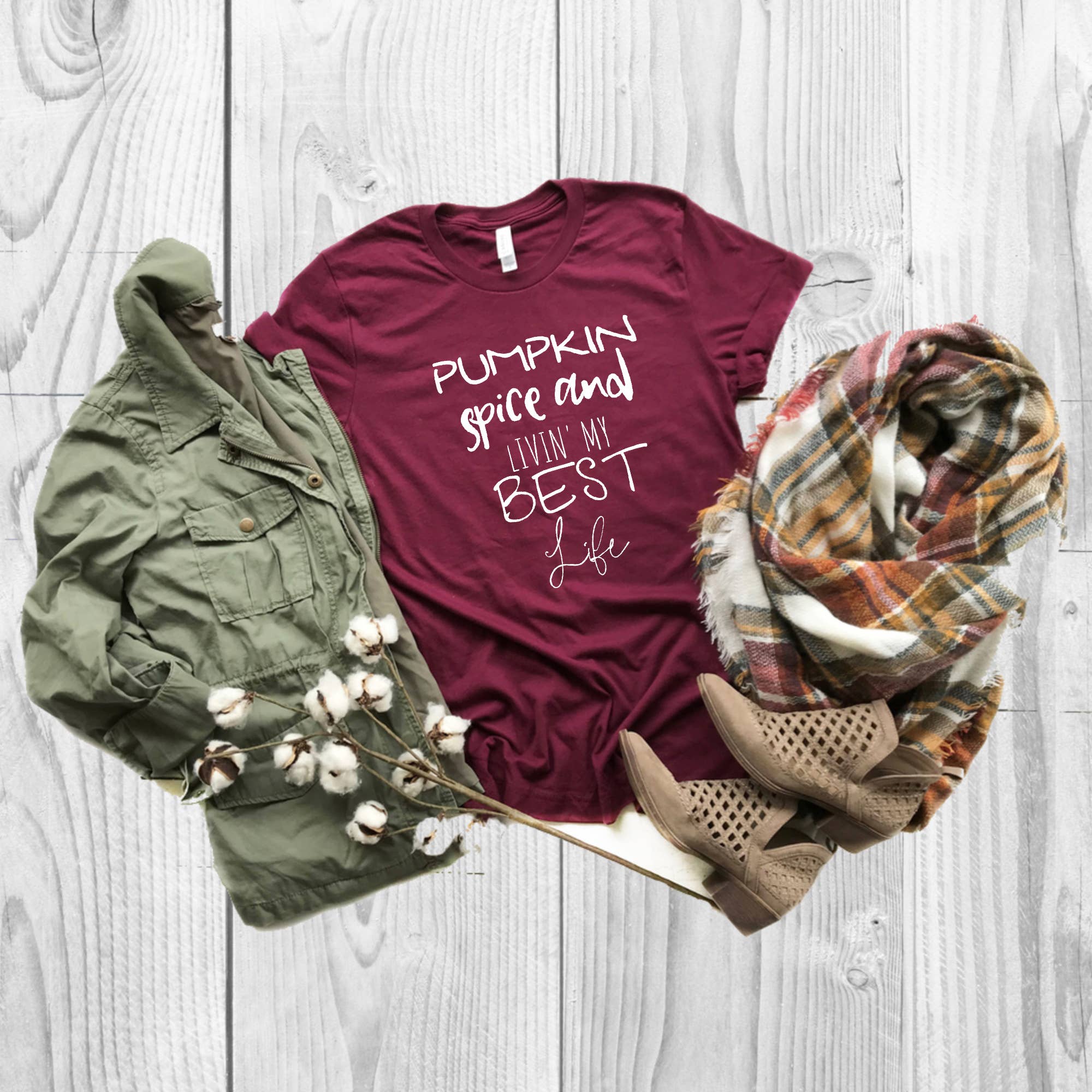 My Bella Vida Inc. - Wholesale T-Shirt (Graphic) - Unisex - Pumpkin Spice & Living my Best Life, Fall Shirt Autumn Shirt1