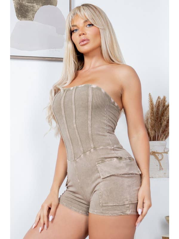 Jour - Wholesale Romper - Women's - Mineral Washed Tube Corset Romper GD43316
