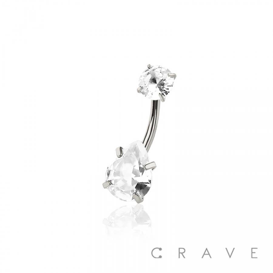 CRAVE - Wholesale Belly Ring - ROUND CZ TOP AND TEARDROP CZ PRONG SET CZ 316L SURGICAL STEE2