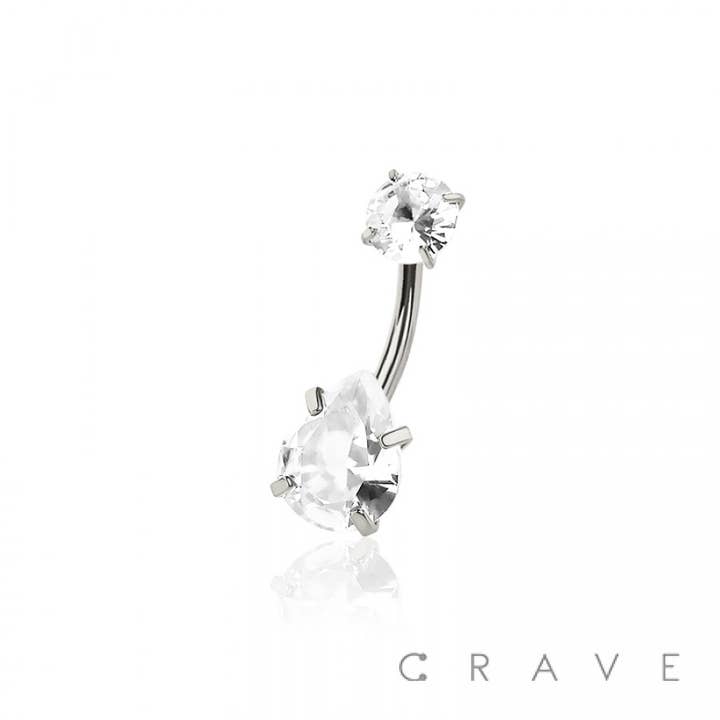 CRAVE - Wholesale Belly Ring - ROUND CZ TOP AND TEARDROP CZ PRONG SET CZ 316L SURGICAL STEE2