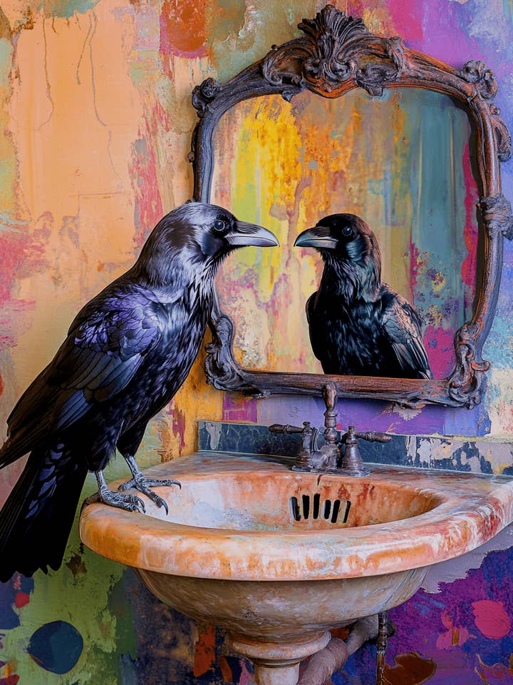 Purple Raven Looking in a Mirror - Bathroom Wall Art Prints – 8″x10″ Artwork for 11″x14″ Frame for wholesale by Mowbi