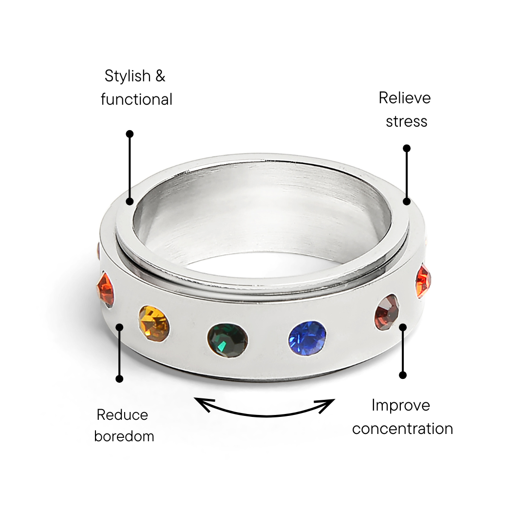 WJW - Wholesale Multi-Stone Ring - Rainbow CZ Spinner Center Highly Polished Stainless Steel Ring4