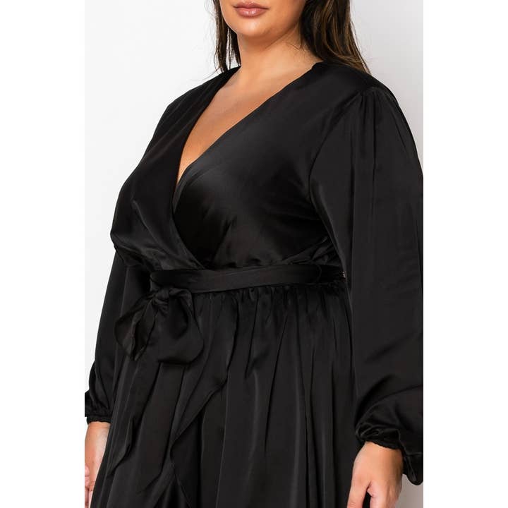 Curve Market - Wholesale Dress - Women's - PLUS SIZE SATIN SURPLICE LONG SLEEVE TIE WAIST RUFFLE TRIM H