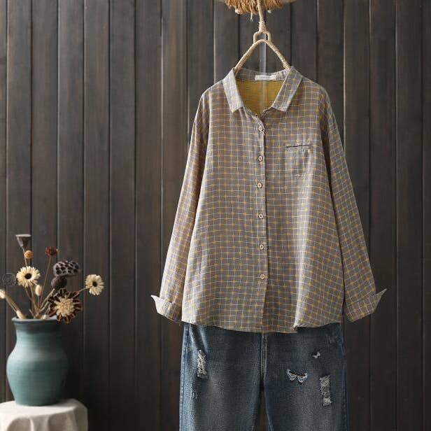 Whisper Mint - Vendita all'ingrosso Camicia button down - Donna - Camicia Vintage da Donna in Cotone a Quadri a Vestibilità Ampia0
