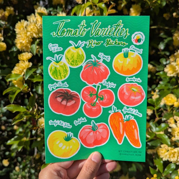 Christina Hu - Wholesale Sticker - Heirloom Tomato Varieties Risograph Sticker Sheet | 5"x7" Waterproof Vinyl