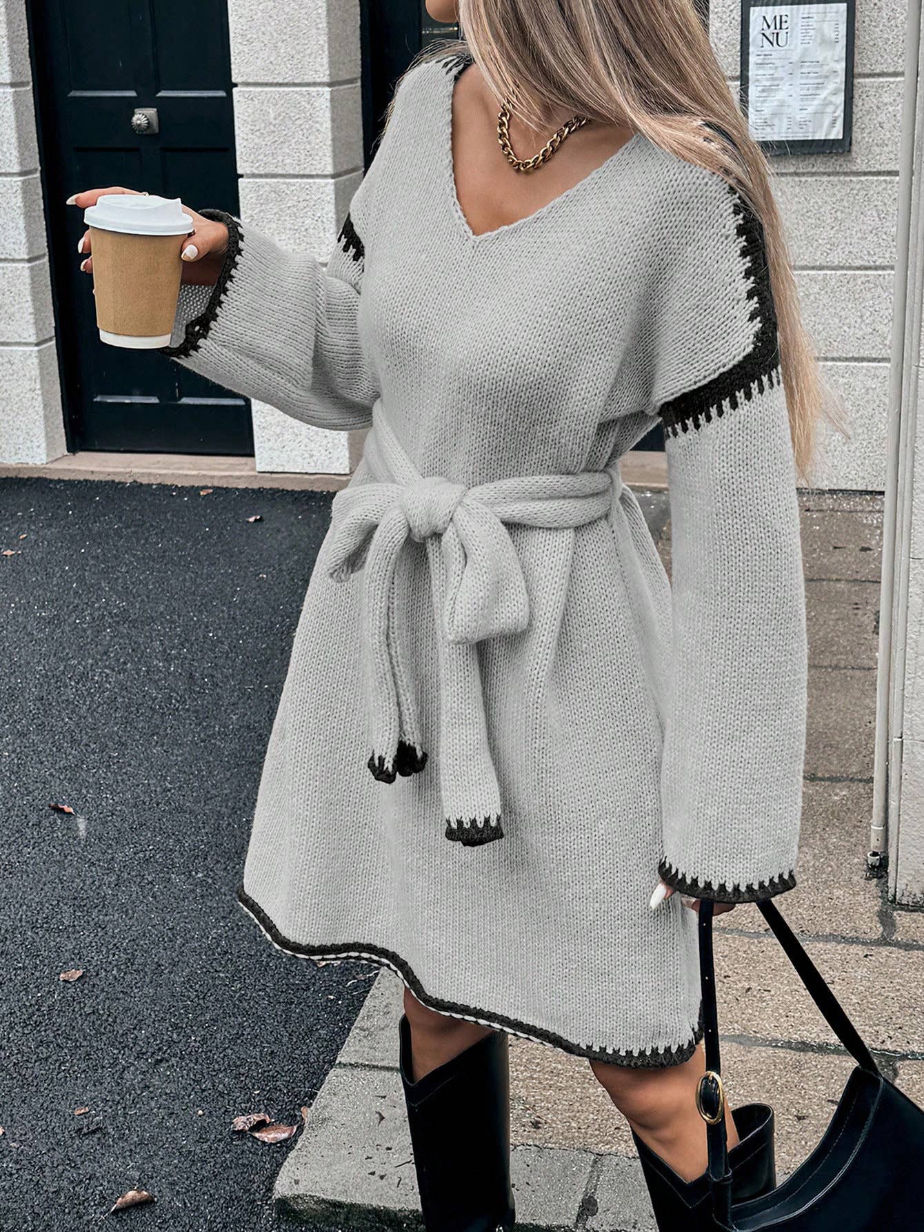 ElevateWell – wholesale Dress – Women's – Women's Contrast Trim V-Neck Long Sleeve Belted Dredd4