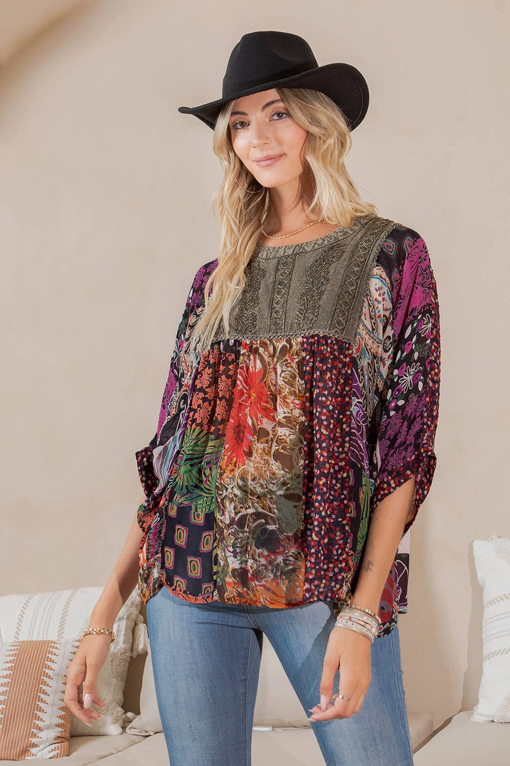 Young Threads - Wholesale Tunic - Women's - Bohemian: Tiered Patchwork Blouson Top