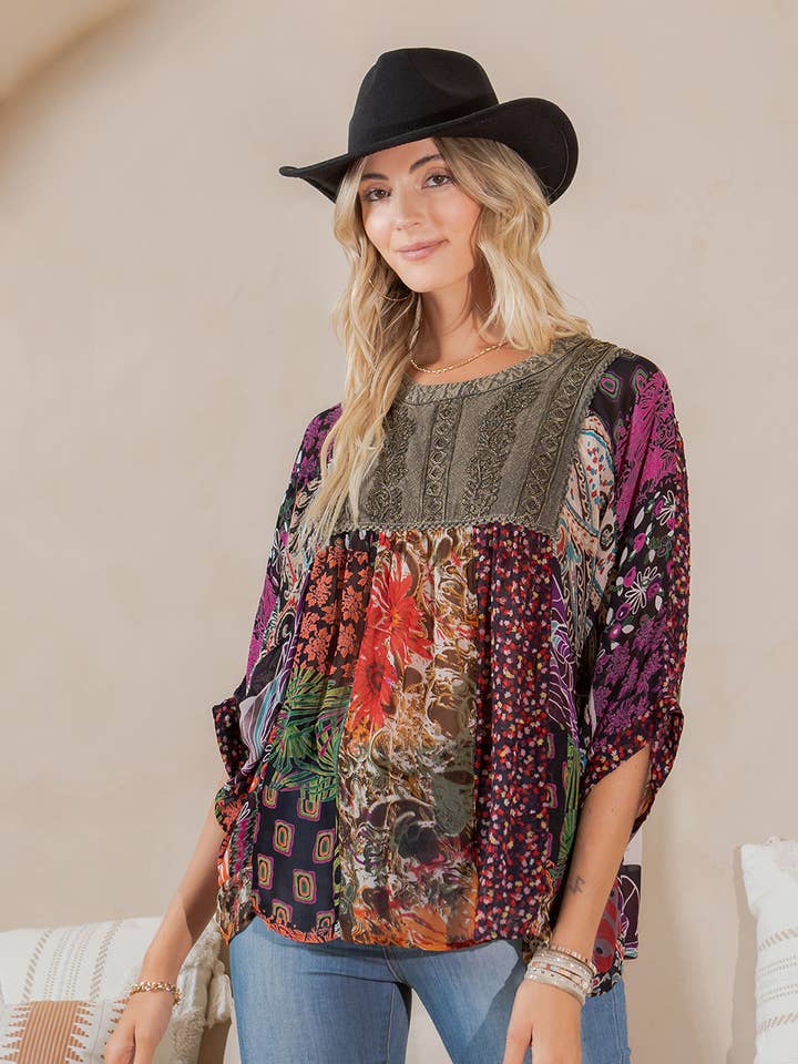 Young Threads - Wholesale Tunic - Women's - Bohemian: Tiered Patchwork Blouson Top0