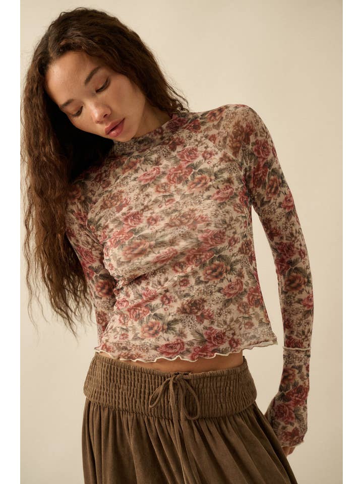 Promesa USA - Wholesale Knit Top - Women's - Floral-Print Mesh Thumbhole Mock-Neck Top10