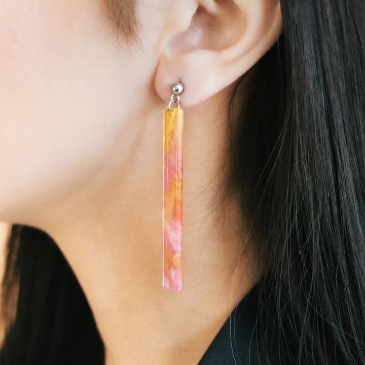 Bright Pink & Yellow Long Strip Dangle Earrings for wholesale by Amber & Orange