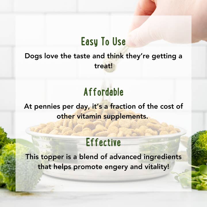 iHeartDogs.com - Vente Compléments alimentaires – chien - Super Greens : complément vitaminé, minéral et probiotique pour chiens avec spiruline, varech, thé vert, épinards, chlorelle et pousses de brocoli - 90 doses - iHeartDogs.com5