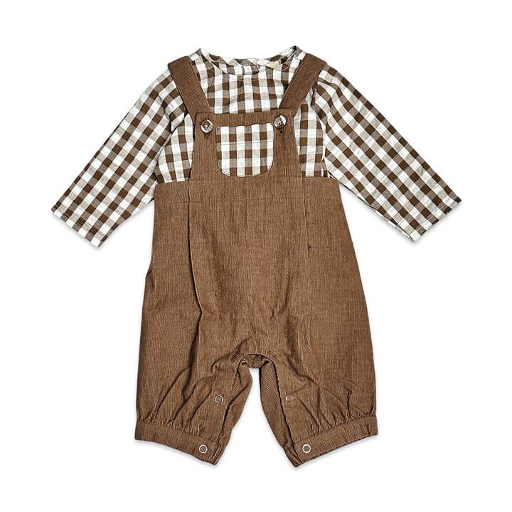 Earth Brown Gingham Muslin Shirt + Corduroy Baby Overall SET (Organic) for wholesale on Faire0