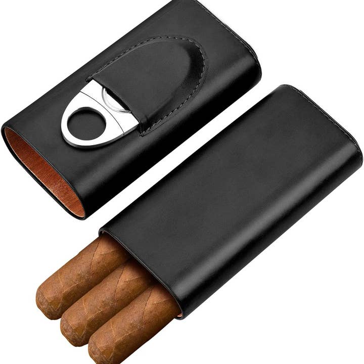 American Leather Goods - Wholesale Humidor/Cigar Accessory - Genuine Leather Cigar Case, Wood Lined Humidor with Cutter1