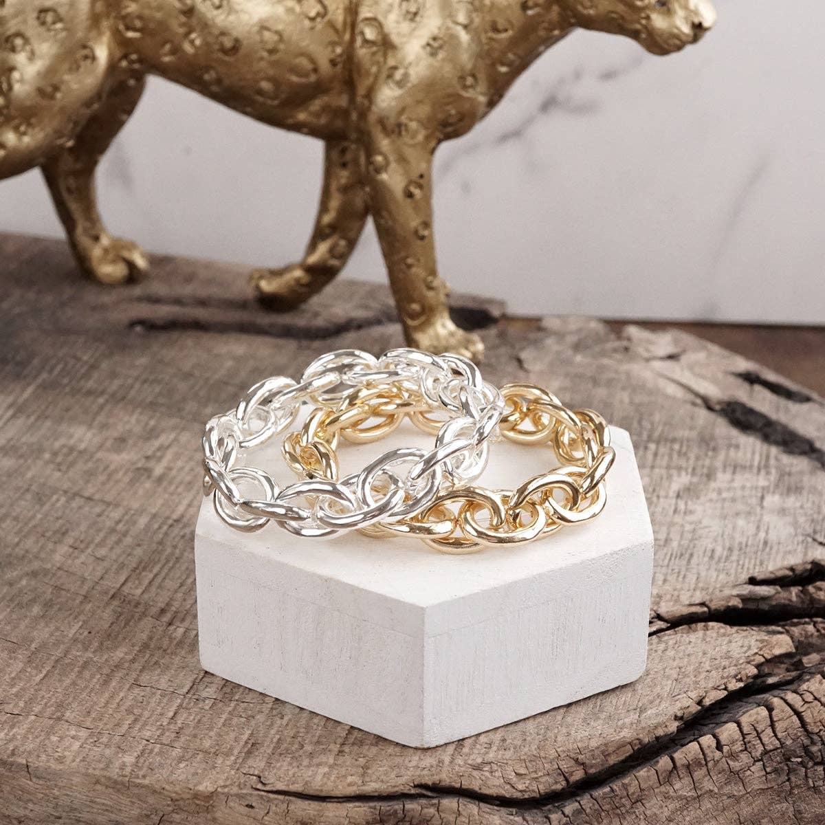 PennyLine inc - Wholesale Link & Chain Bracelet - Bold Links – Chunky Chain Stretchy Bracelet - in Gold or Silver0