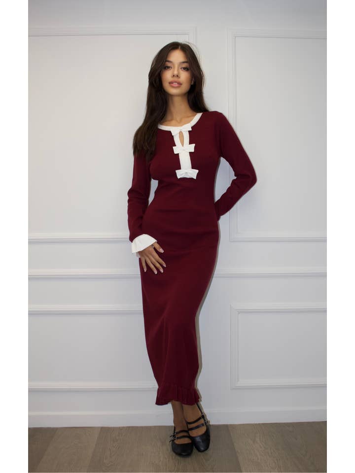 Chilli Girl Collection - Wholesale Dress - Women's - Stretchy maxi knit dress with button bow tie details 5