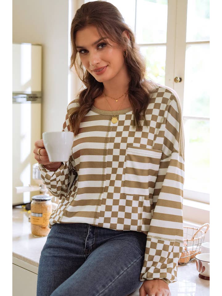 1 the Woman - Wholesale Blouse - Women's - Checkerboard Patchwork Lantern Sleeve Pocketed Blouse |S-4X