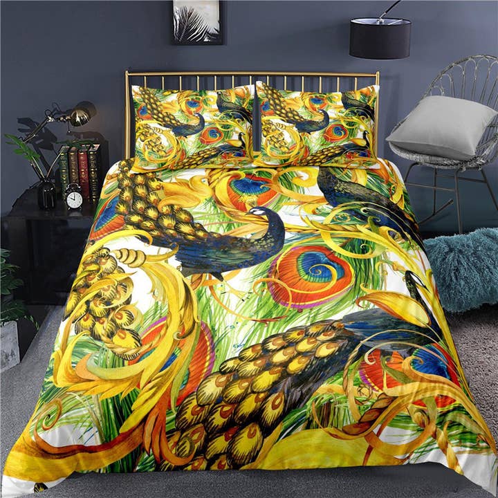 Golden Peacock Decor Esthetisch beddengoed set vol, luxe dekbedovertrek koningin, king, boho dekbed, designer beddengoed, maximalistische sprei voor wholesale door daintyduvet