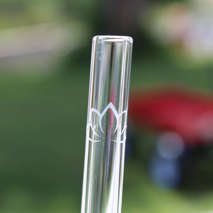 Etched Lotus Flower Glass Straw with Cleaning Brush for wholesale by DrinkingStraws.Glass LLC