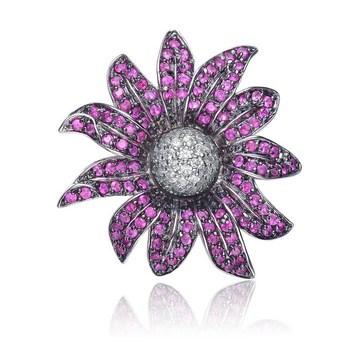 Pin Fleur en Argent Sterling Noir, C.Z. et Rubis (168-1) pour la vente par Genevive