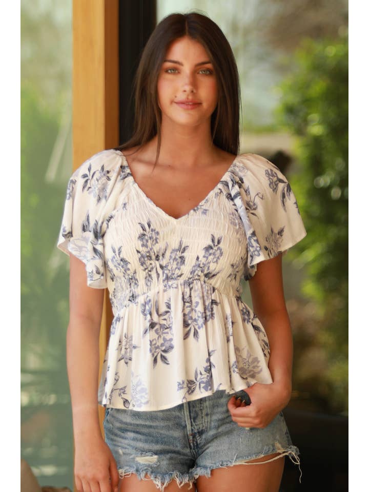 ANGIE - Wholesale Blouse - Women's - C2192-HL60 V NECK SMOCKED BUST HALF SLEEVE FLORAL TOP