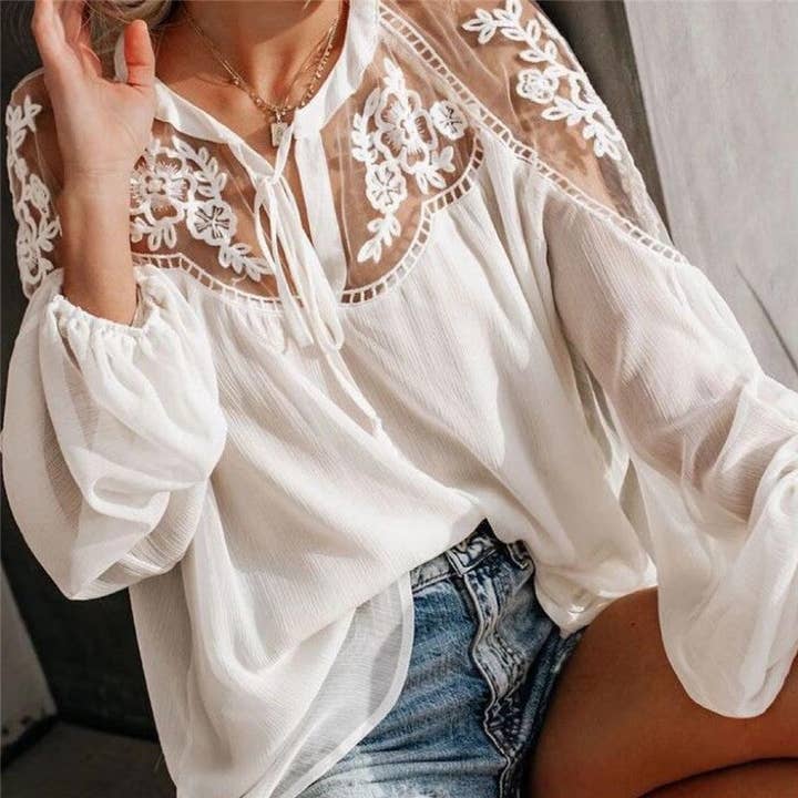 ShieldChic - Wholesale Blouse - Women's - Loose Plain Hollow Long Sleeve Chiffon Blouse1