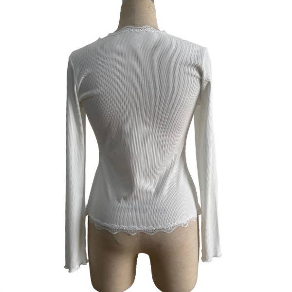 Hope & Sunshine - Vente Haut en maille – femme - Haut à col en V avec cardigan côtelé et bordure en dentelle3