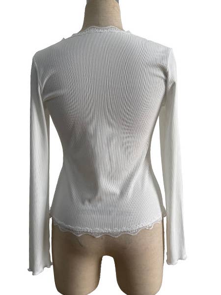 Hope & Sunshine - Vente Haut en maille – femme - Haut à col en V avec cardigan côtelé et bordure en dentelle3