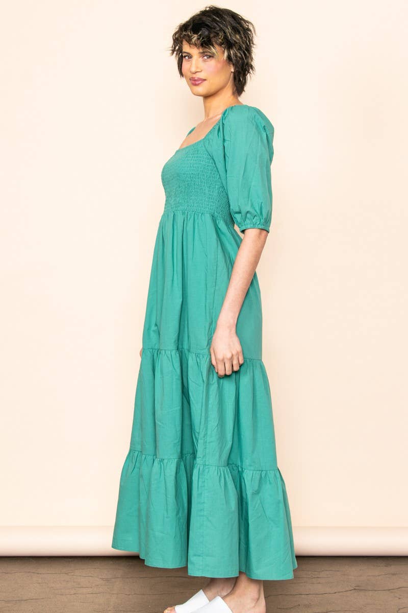 Elloh Collection - Wholesale Dress - Women's - On Off Shoulder Half Sleeve Cotton Smocked Tiered Maxi Dress6