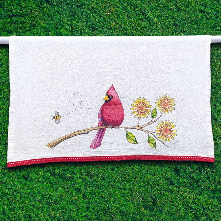 Kitchen Flour Sack Tea Towel - Lovely Cardinal Tea Towel for wholesale by Doodles and Fun!
