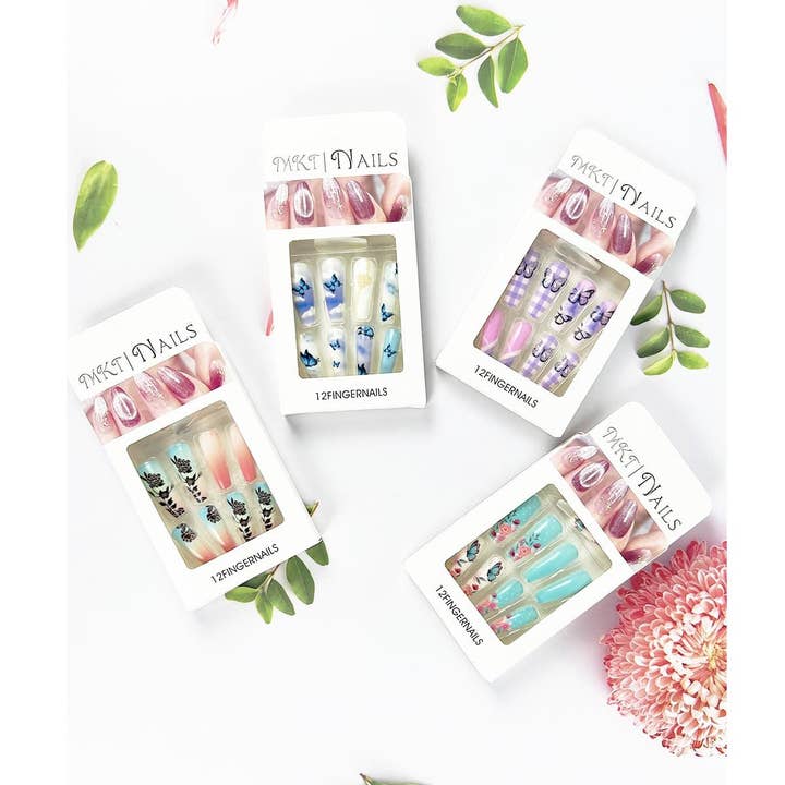 ASSORTED LONG COFFIN SHAPED PRE GLUED NAIL OF BUTTERFLY FLOWER PRINT for wholesale on Faire0