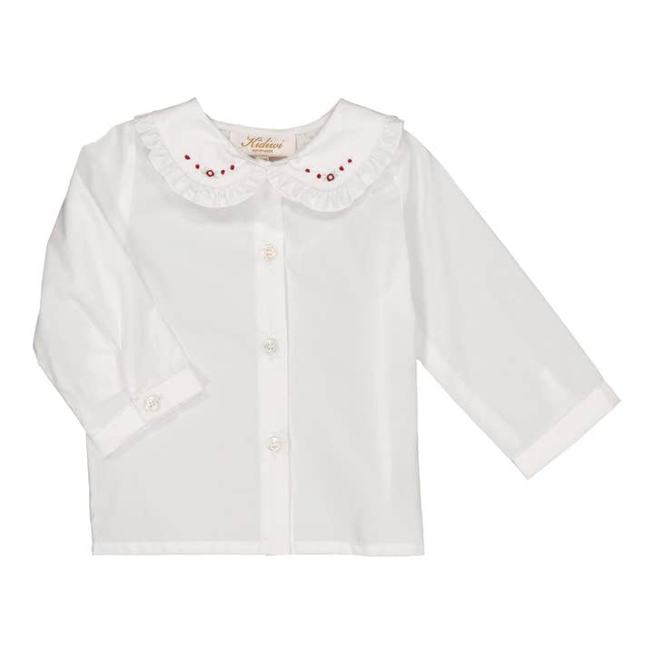 Hélena, camisa de menina em popelina branca com bordados bordeaux por atacado de Kidiwi handmade
