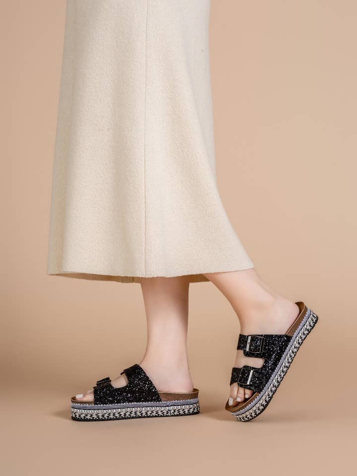 Sandalias de Doble Correa con Hebilla Margaret Glitter-Negro para venta al por mayor de CFK International