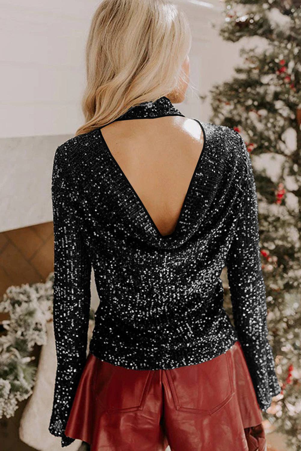 Lovesoft - Wholesale Knit Top - Women's - Black Sequin Mock Neck Drape Open Back Bell Sleeve Top1