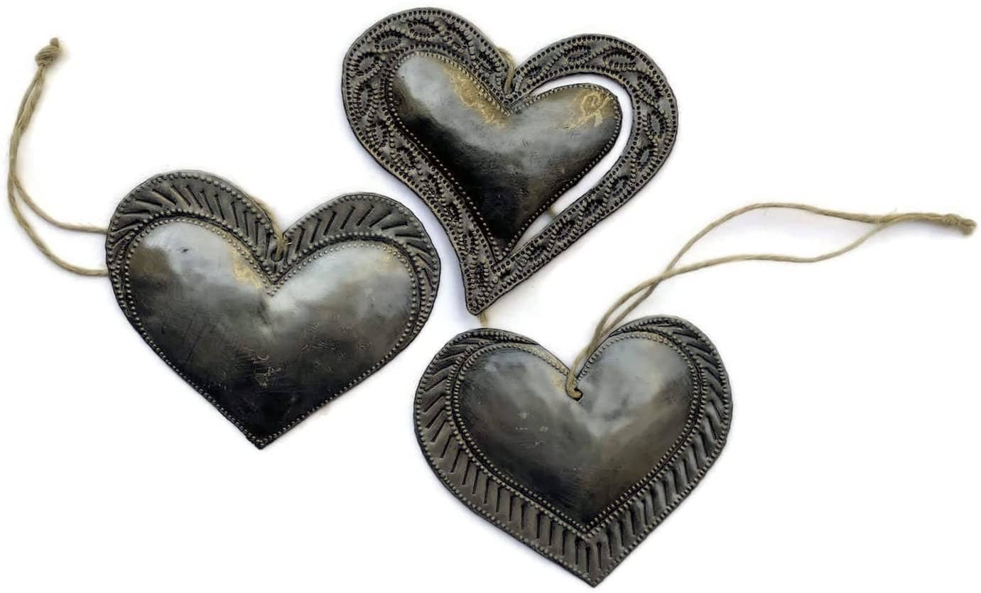 Haiti Fair Trade~ It's Cactus - Wholesale Ornament Set - Set of 3 Handmade Small Heart Ornaments 2.5x2.5 Haiti Art1