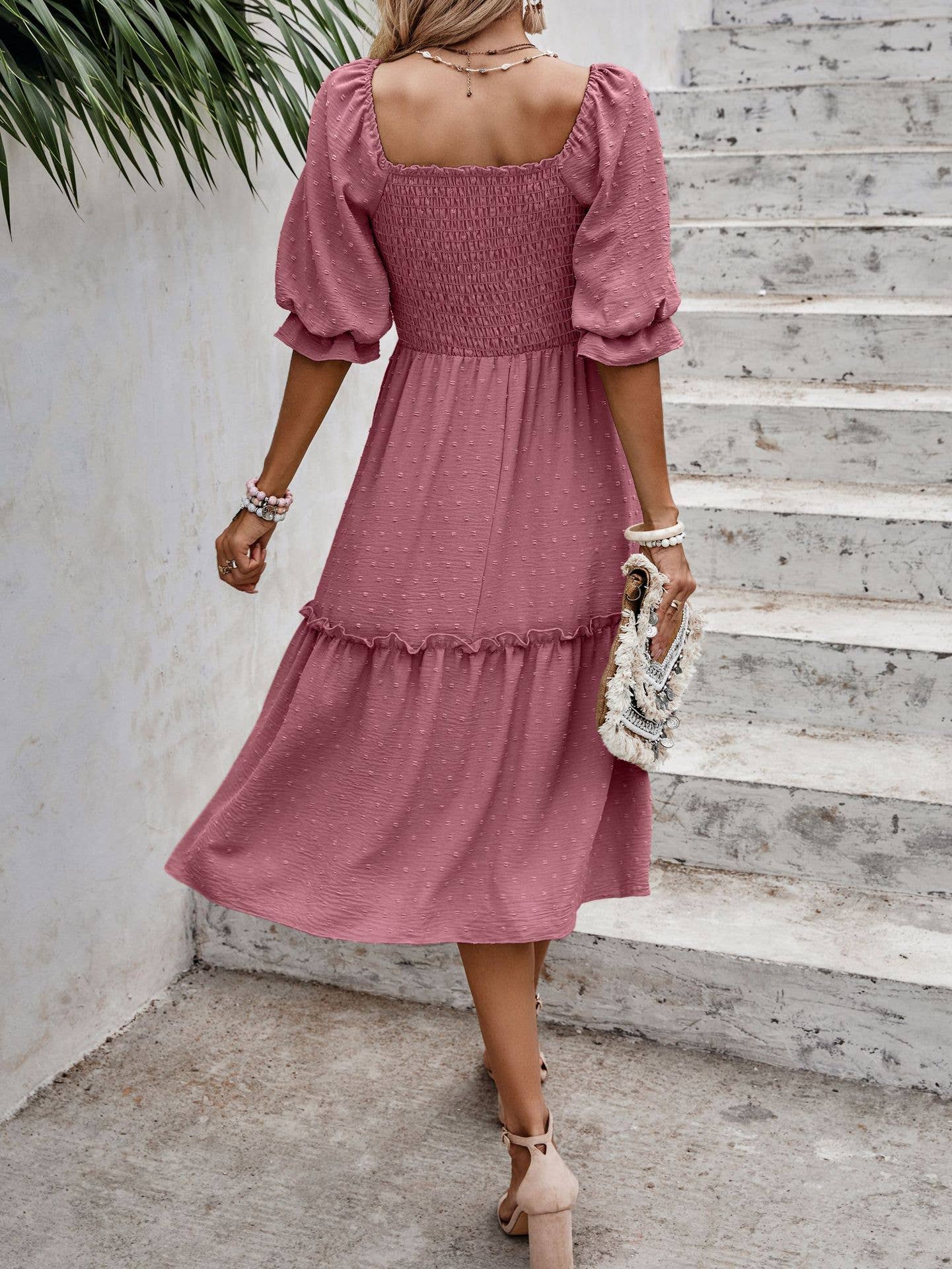 eLook – Großhandel Kleid – Damen – SZ1-DR6227 Swiss Dots Gemustertes Midikleid mit halben Ärmeln7