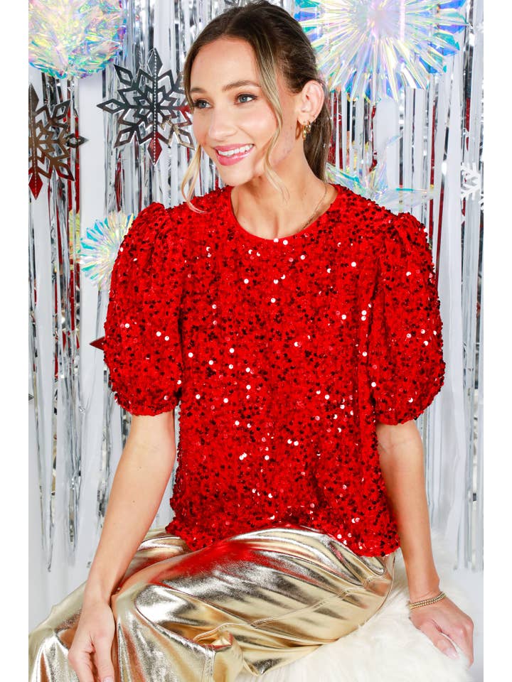 Vine & Love - Wholesale Blouse - Women's - Velvet Sequin Accent Round Neck Puff Sleeve Blouse VT819557